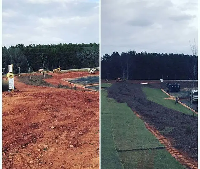 Before and after: bare red clay graded and covered with new sod and mulch at a commercial site