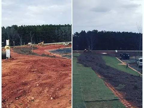 Before and after: bare red clay graded and covered with new sod and mulch at a commercial site
