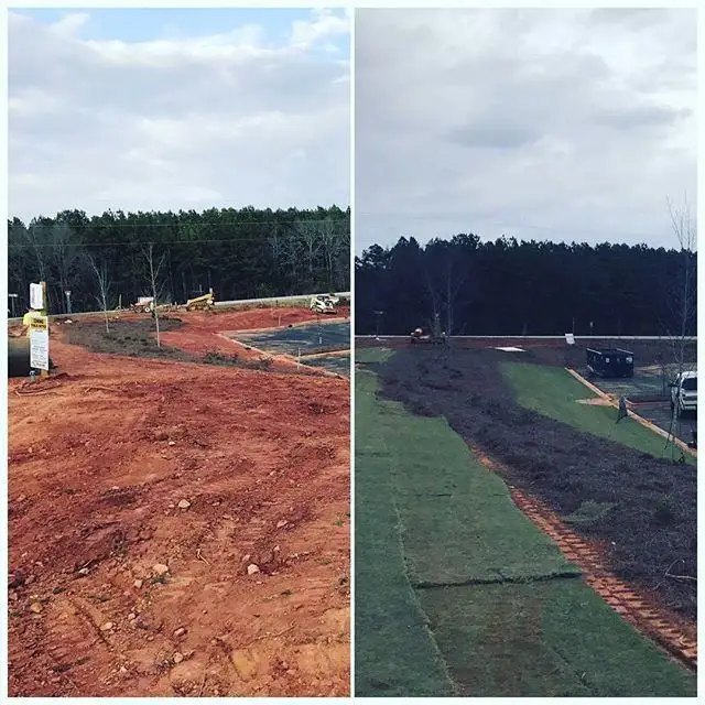 Before and after: bare red clay graded and covered with new sod and mulch at a commercial site