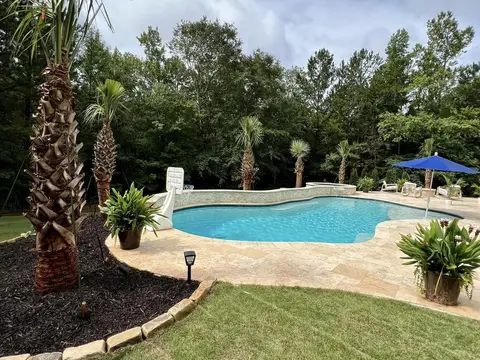 Freeform pool with a stone deck, spa and palm trees