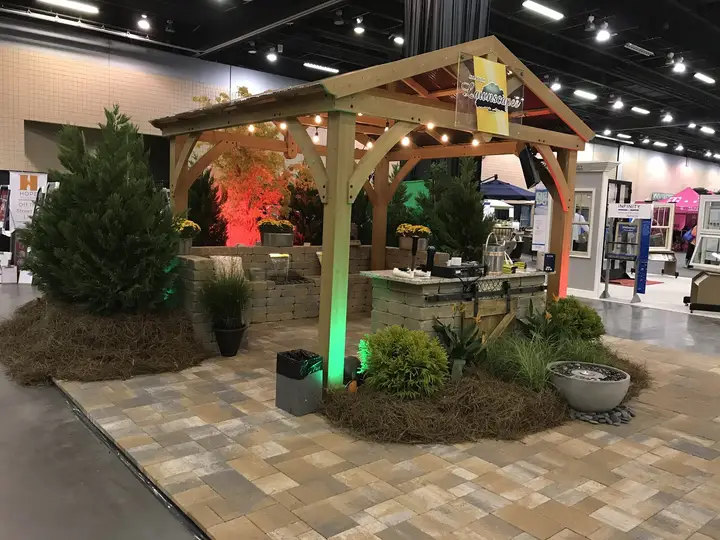 Home and garden show display with a timber pavilion, pavers and landscaping