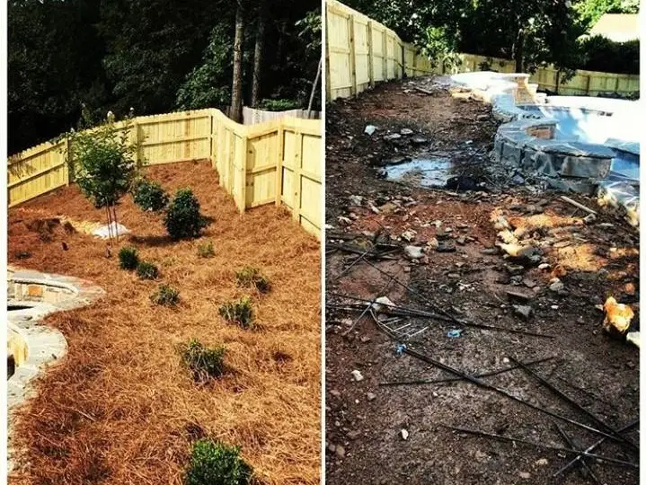 Side by side: a finished planted bed beside a new fence and the same area under construction